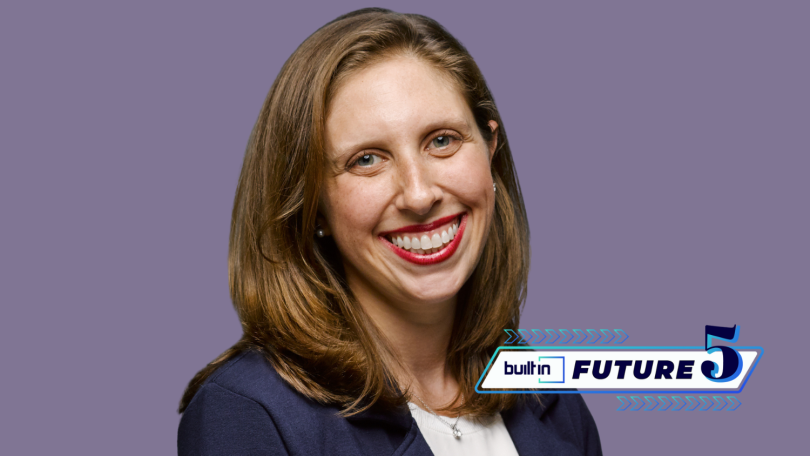 Scroobious founder and CEO Allison Byers smiles for a photo in front of a purple background