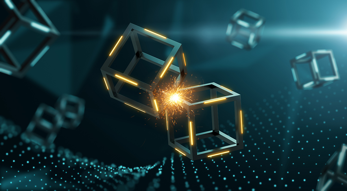 3D rendering of two blocks crashing together creating a spark inside blockchain system