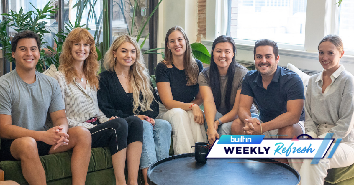 The Relevize team sits on a couch in an office.