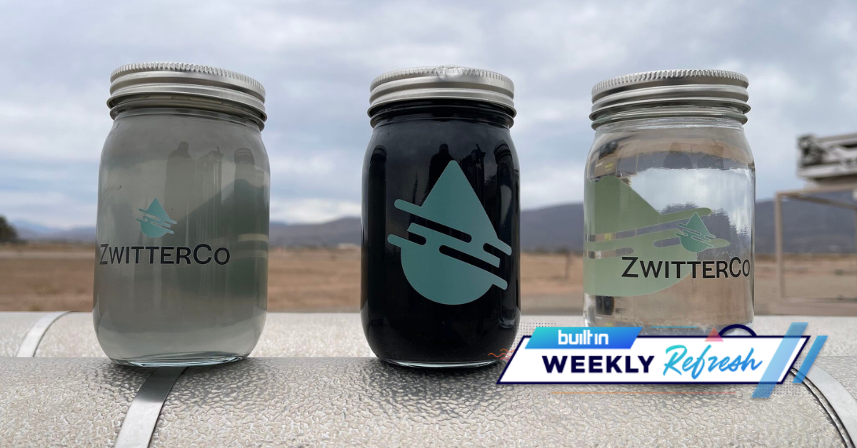 Jars of water in various states of murkiness with ZwitterCo's logo on the fronts. 