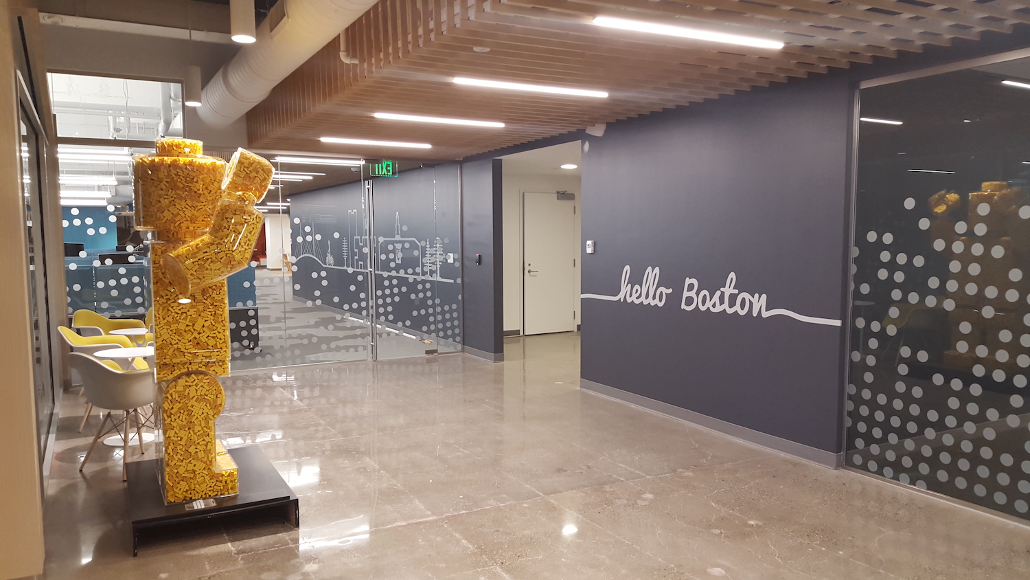 A mural inside LEGO Education’s Back Bay office reads, “Hello Boston.”  | Photo: The LEGO Group