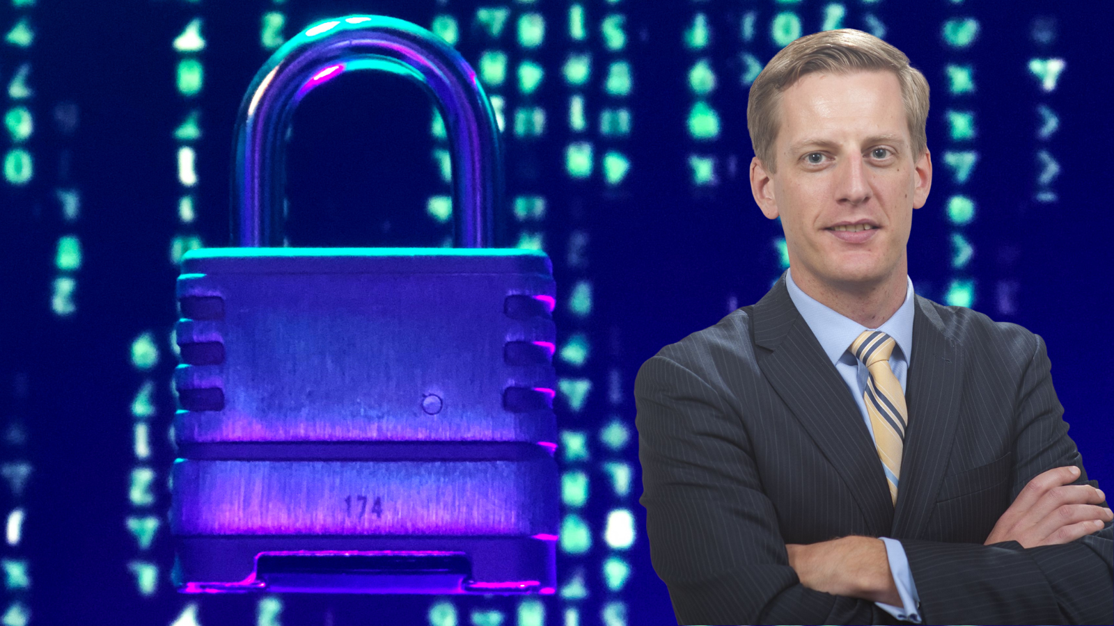 SideChannel's CEO Brian Haugli in front of a blue, purple, and green background with a large padlock to the left