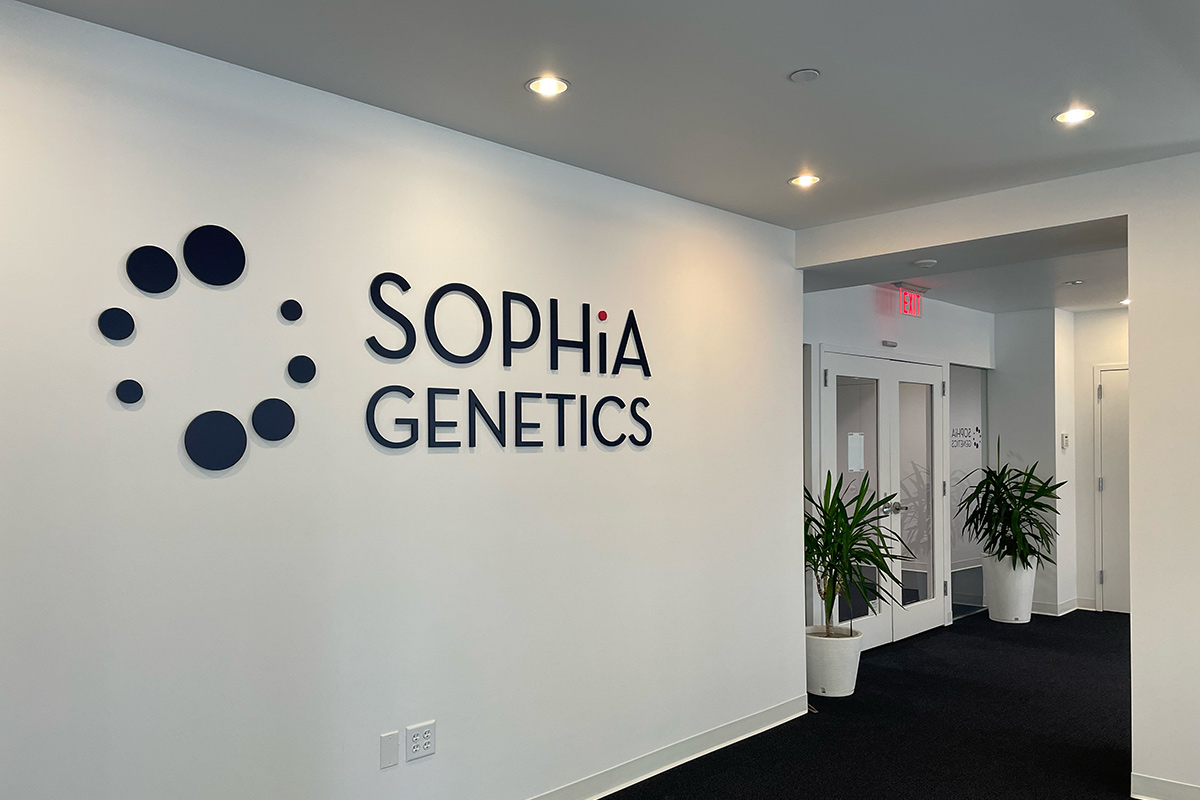 Sophia Genetics logo on the wall in the office