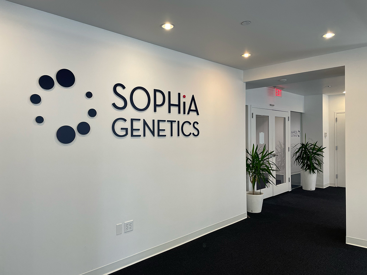 Sophia Genetics logo on the wall in the office