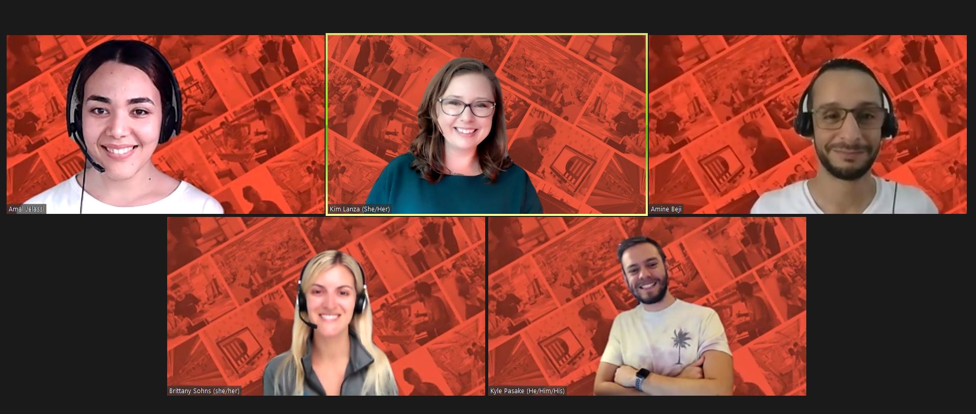 team members on a zoom call with company logo background