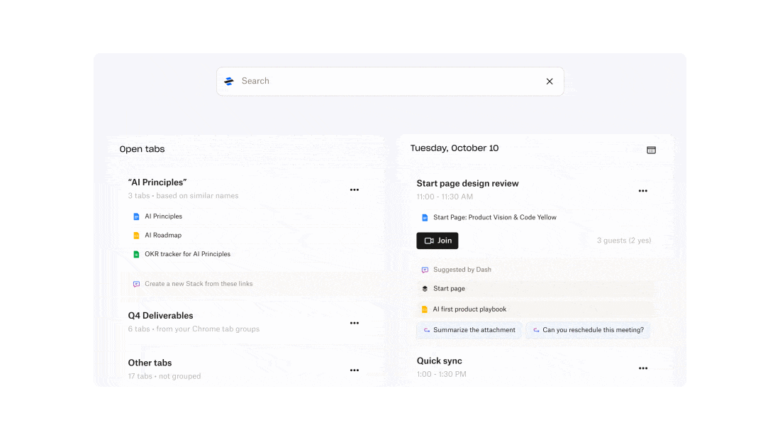 Animation of Dropbox Dash showing the tool’s home screen where “company objectives” is typed into the search bar and results are quickly displayed and clicked on.