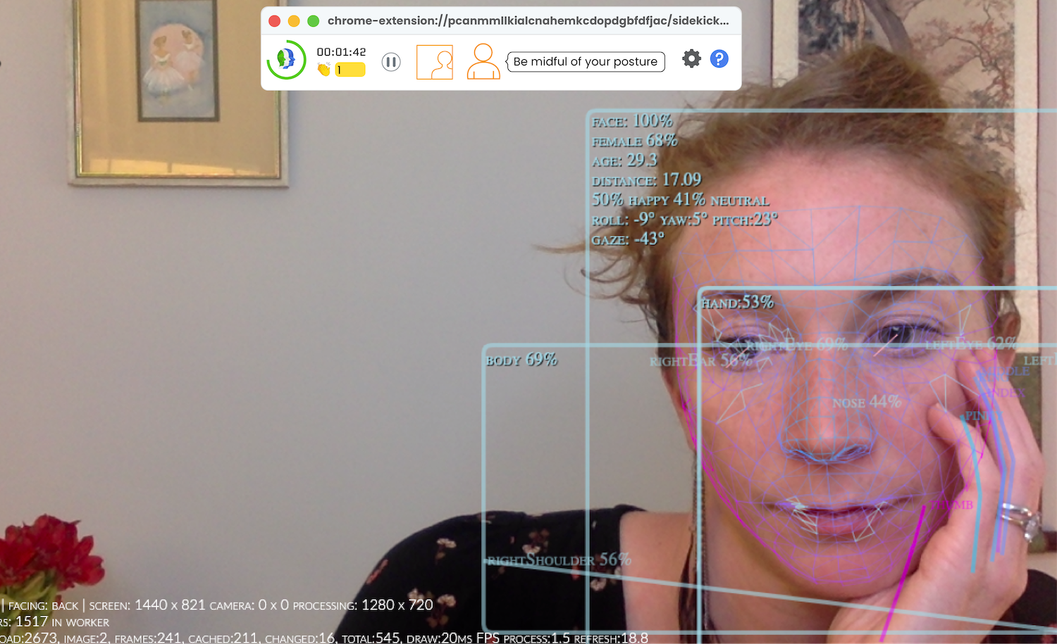 A screenashot shows how Virtual Sapien's Sidekick product provides real-time feedback about a user's body language.