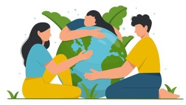 Illustrated image of three people hugging the world