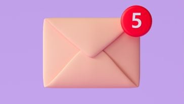 A 3D render of a pink envelope on a purple background with a red email notification indicating 5 unread emails