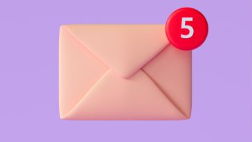 A 3D render of a pink envelope on a purple background with a red email notification indicating 5 unread emails