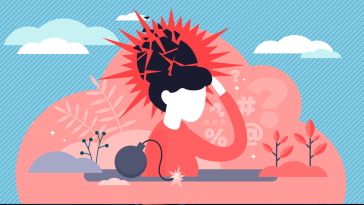 Illustration of a woman's head exploding under anxiety pressure, social demands and work life balance problems.