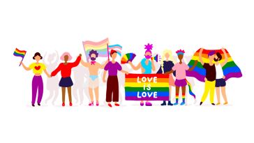 Illustration of interracial group of gay, lesbian, transgender activists participating in lgbtq pride.
