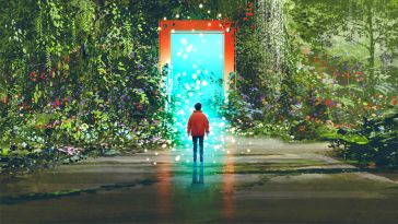 An illustration showing a boy standing in front of a magical gate with glowing blue light in a beautiful forest