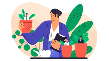 Illustration of manager growing people in potted plants depicting mentoring and growing employees