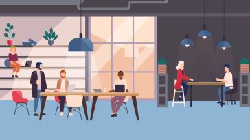 Illustration of people working on laptops in co-working area.