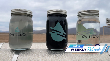 Jars of water in various states of murkiness with ZwitterCo's logo on the fronts. 
