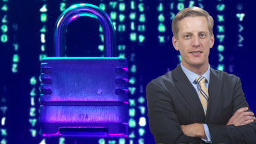 SideChannel’s CEO Brian Haugli. in front of a blue, purple, and green background with a large padlock to the left