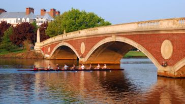 Rowers cross under a bridge on the Charles River