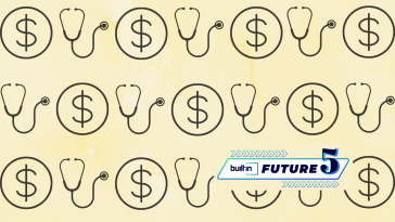 Graphics of stethoscope and a dollar sign on a yellow background