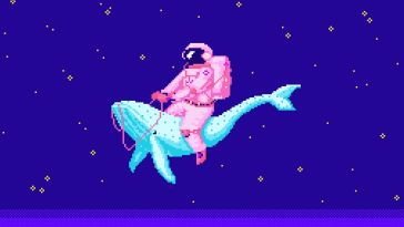 8-bit graphic of an astronaut floating on a whale in space.