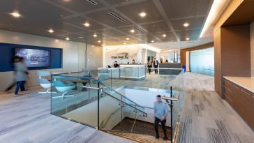 Photo of Capital One offices showing staircase, reception desk and people moving about