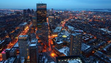 aerial view of boston at night