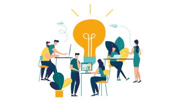 Vector illustration of workers surrounding an idea lightbulb, concept of searching for new ideas and solutions/brainstorming.