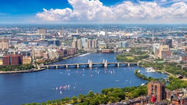 A panoramic aerial view of the Boston skyline.