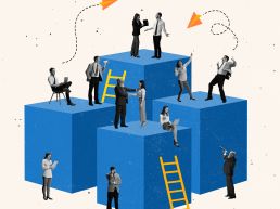 An abstract image conveys the idea of collaboration. Various corporate business people traverse a blue structure.